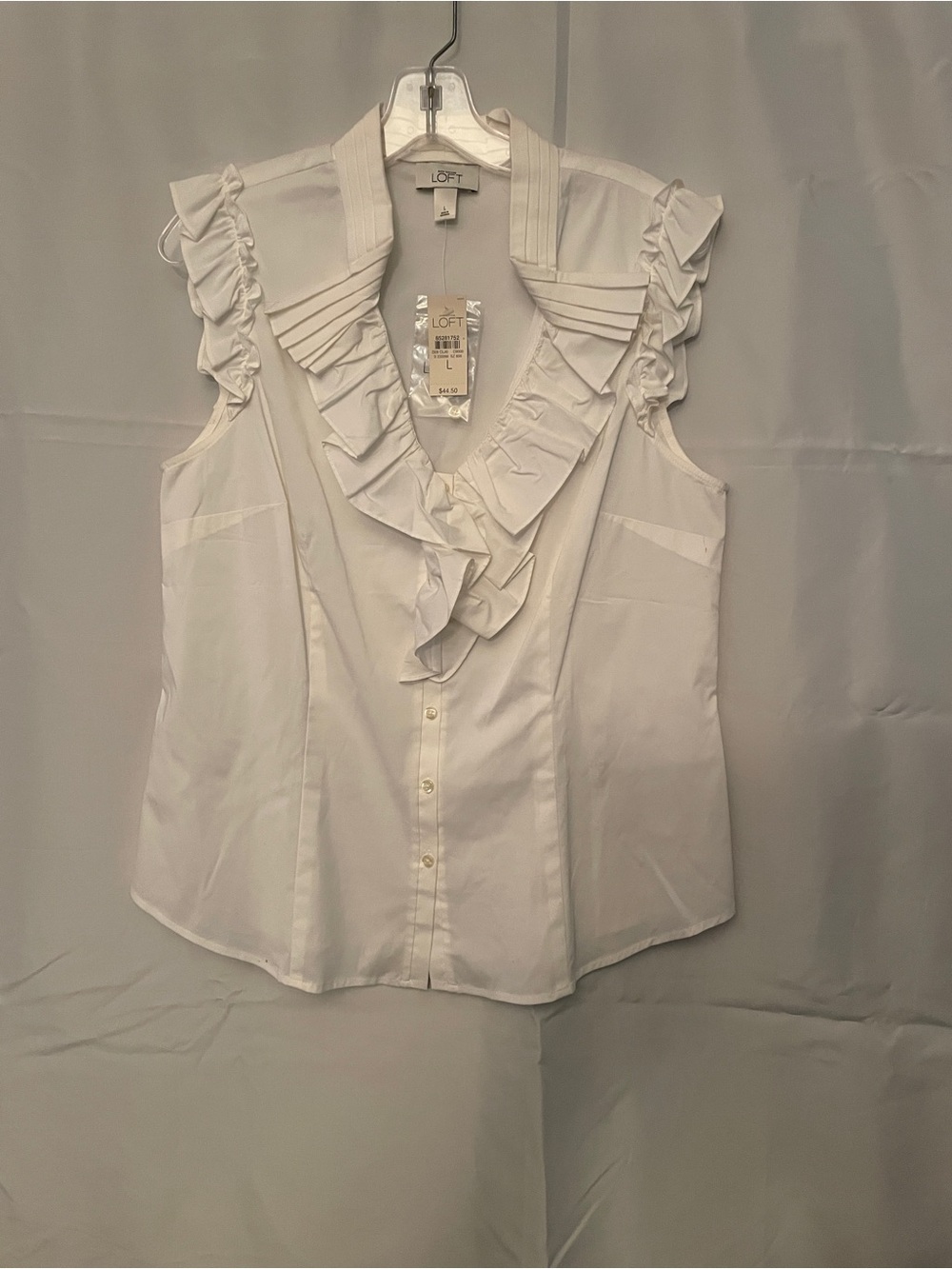 LOFT White Ruffle V-Neck Sleeveless Button Front Blouse Cotton